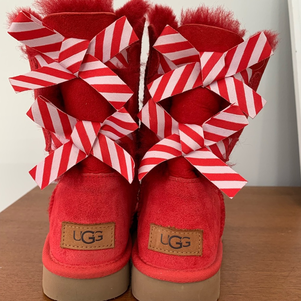 Ugg Bailey Boot with red and white striped bows